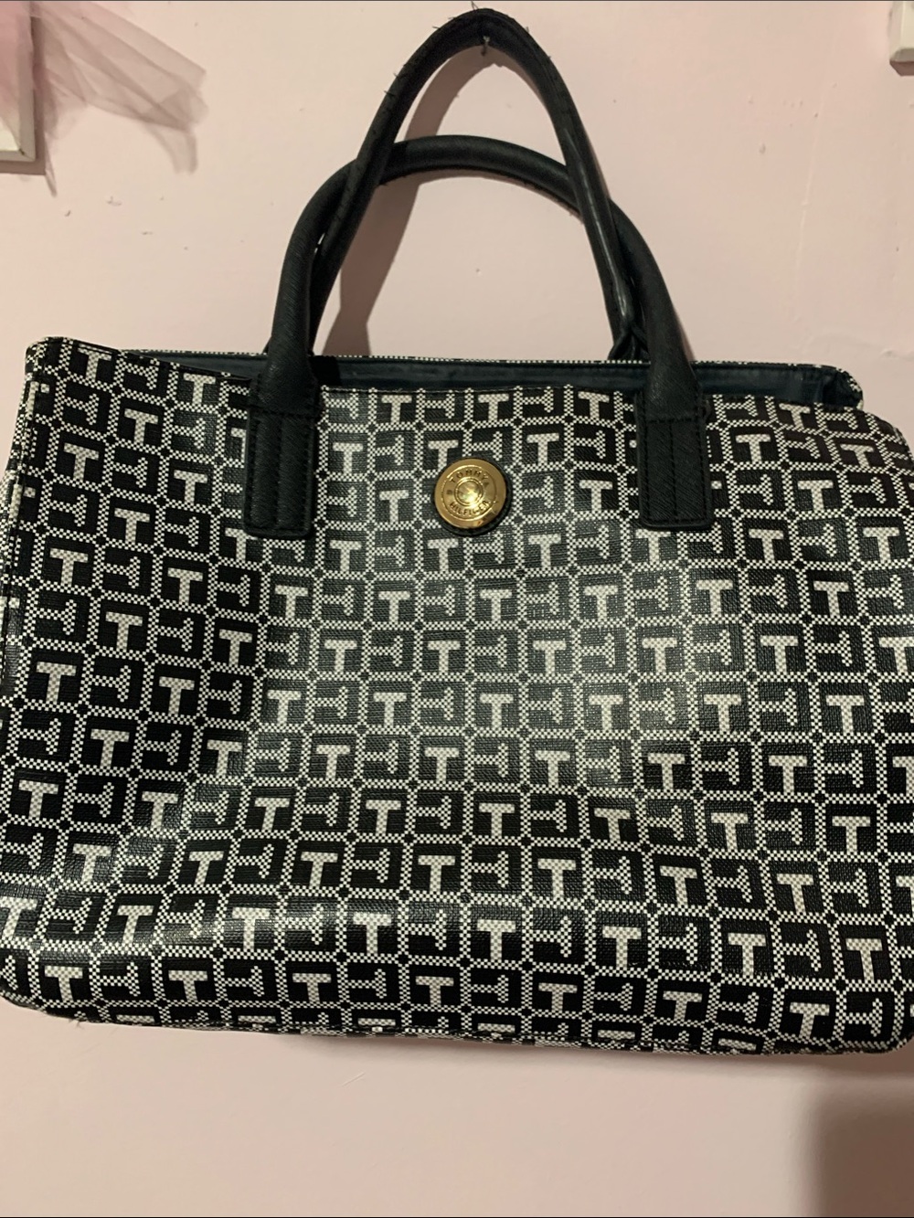 Tommy Hilfiger Black and White Monogram Top-Handle Tote